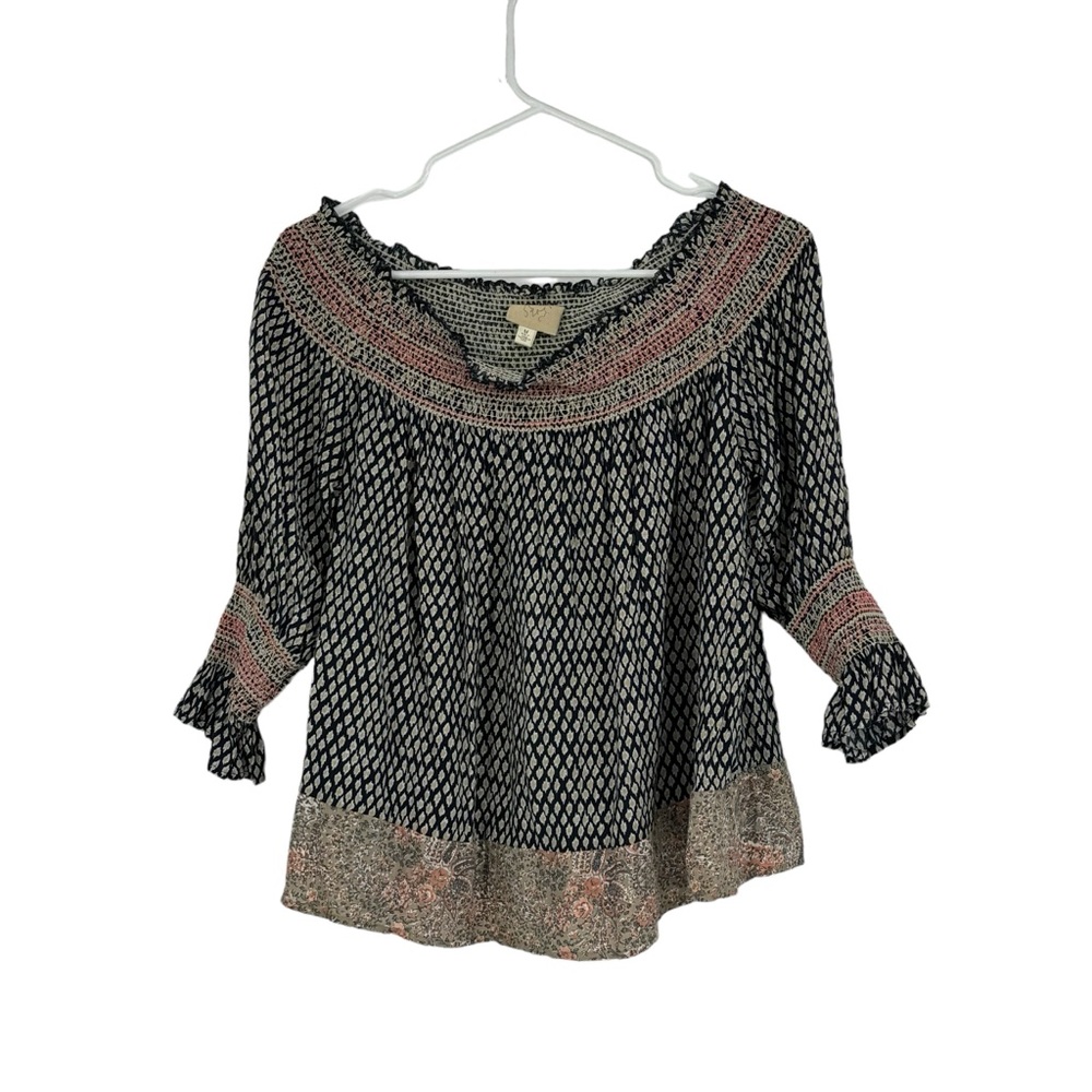 *Anthro Vanessa Virginia Med Multicolored Boho Rayon Cold Shoulder Smocked Top